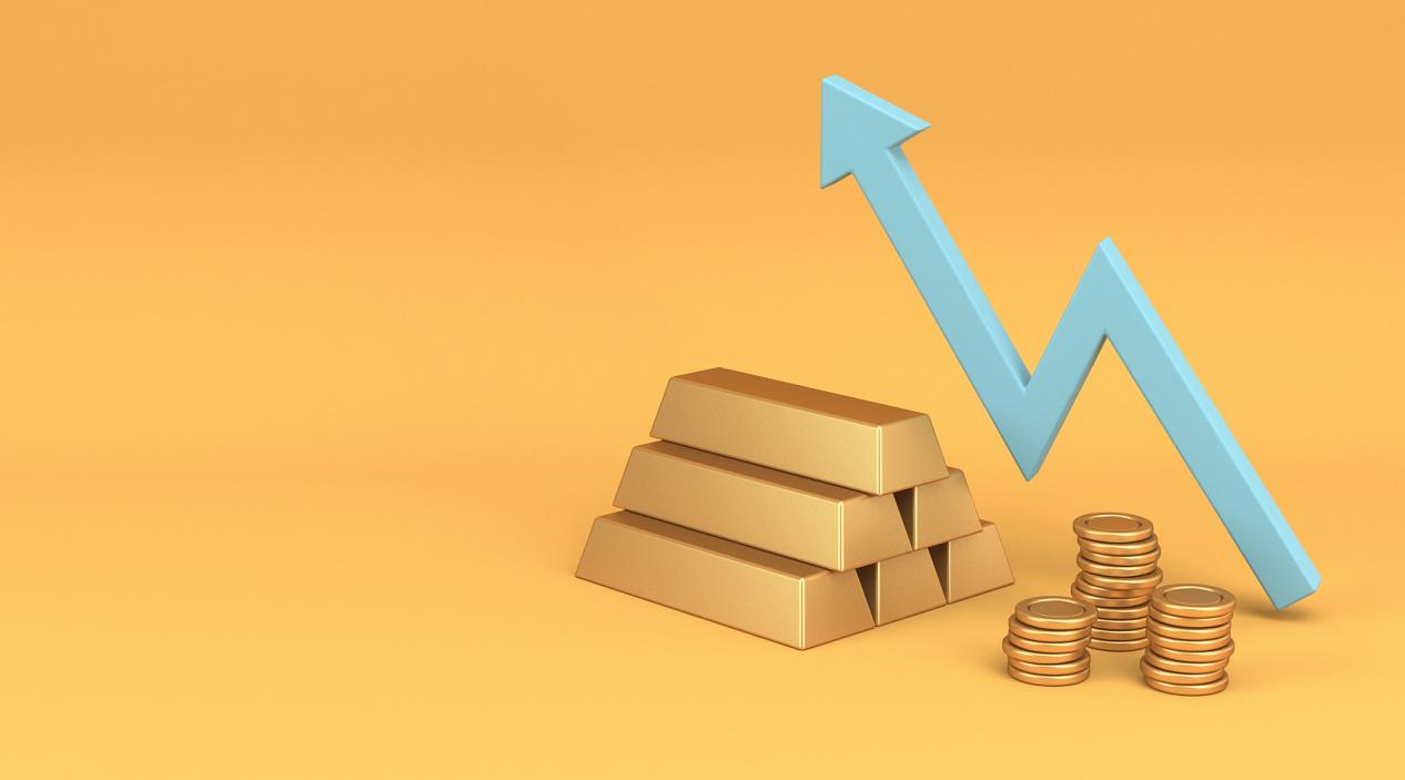 蓝色向上趋势图，有金条和钱3D