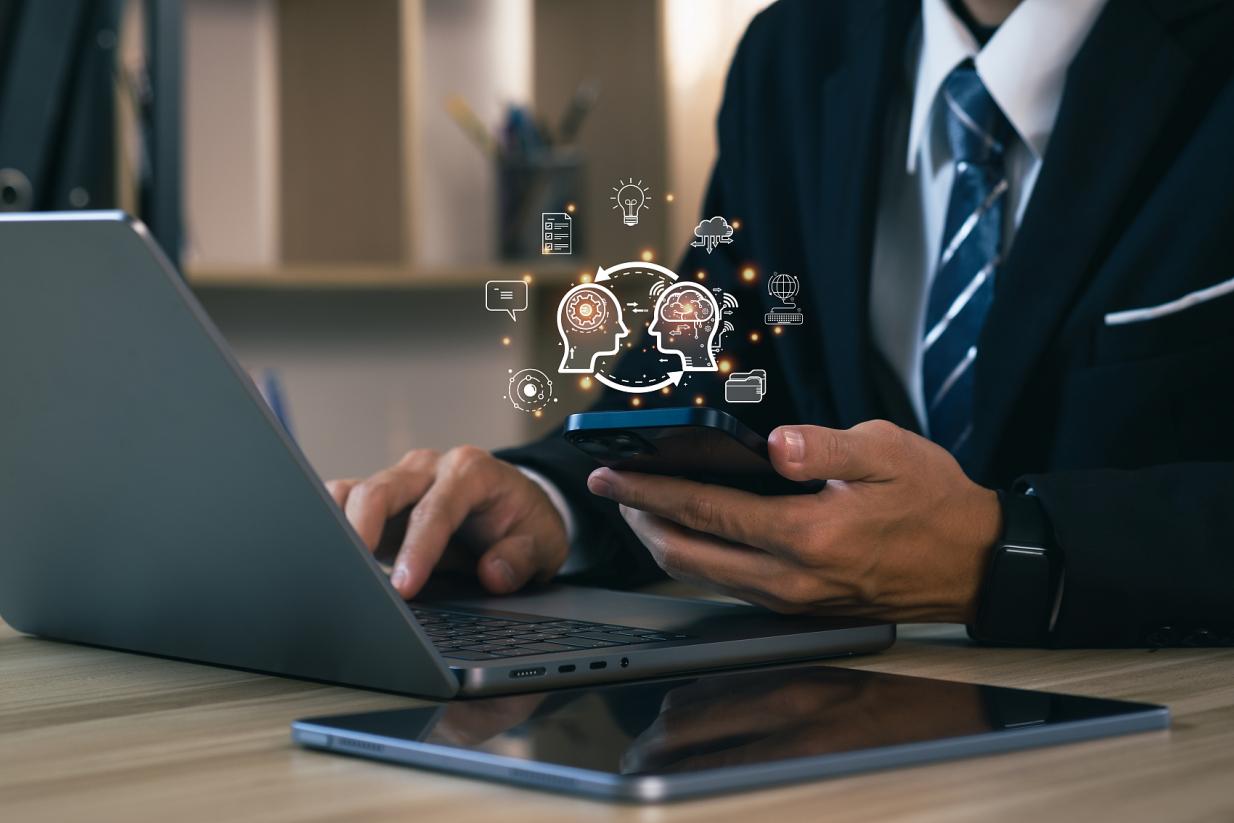 商人在智能手机Ai中使用聊天机器人。人工智能聊天,由OpenAI generate开发。未来科技,机器人在线系统。数据库智能聊天框。