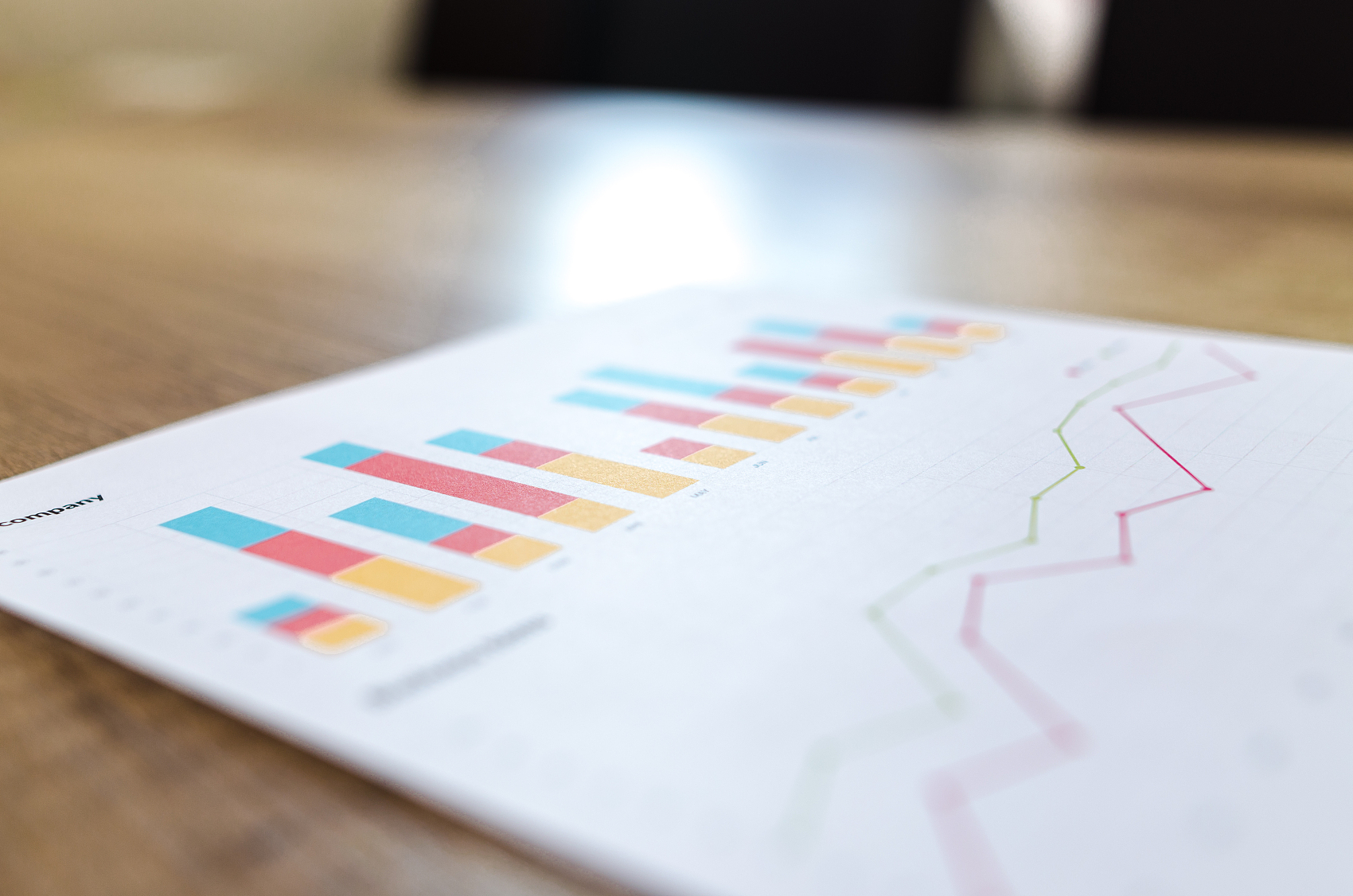 Workplace on wooden table with graph papers