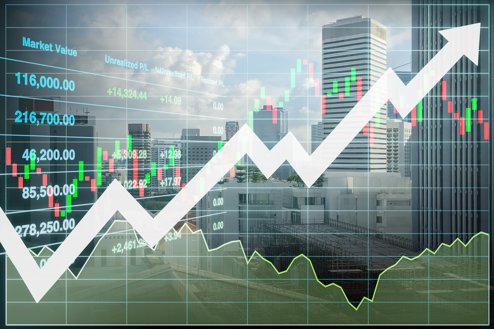 股票金融指数显示成功投资的房地产业务和建筑行业的城市建筑形象，图形和图表作为演示和报告的背景。