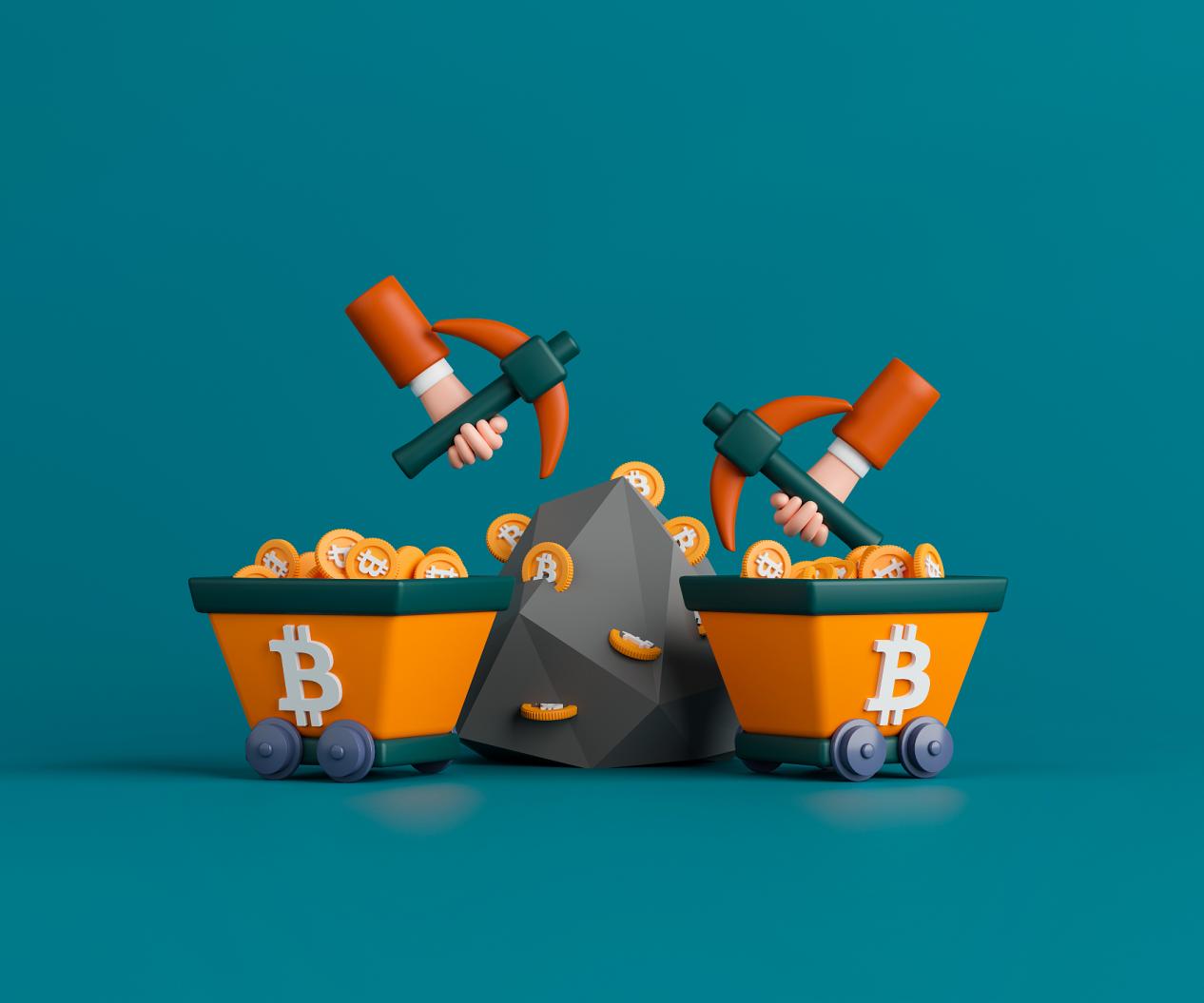 加密货币挖矿3d插图。