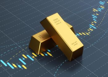 坐在蓝色条形图上的金条，股票市场和金融概念。position_newest_0_resourcebtn&